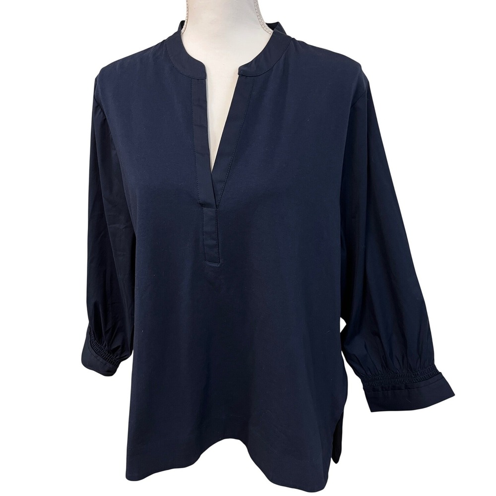 CHICOS Blue V-Neck Popover Tunic Top XL Navy Cotton Blend Smocked Minimalist